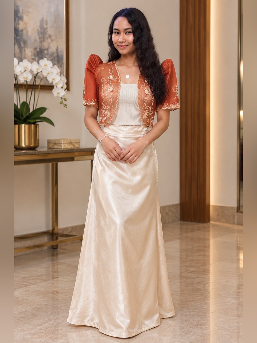 Elegant Filipiniana Bolero with Set of Cream Satin Maxi Skirt -tank top not incl